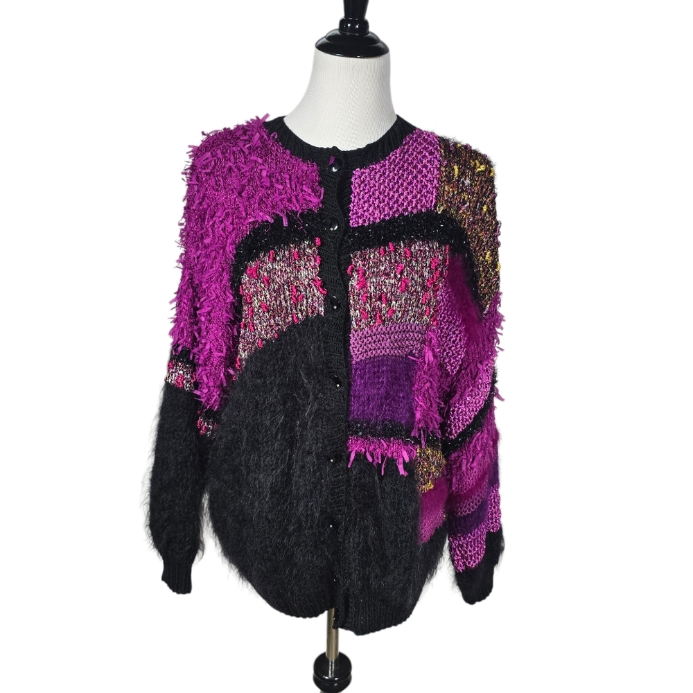 Vintage Fluffy Furry Sparkly Chunky Patchwork Hippy Boho Cardigan ASIS